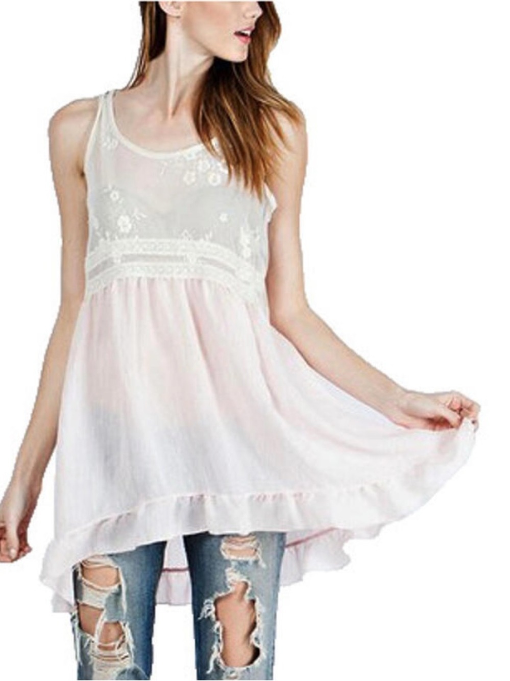 Orange Creek Pink and Cream Sheer Lace Paneled Sleeveless Blouse Top L - Picture 9 of 9